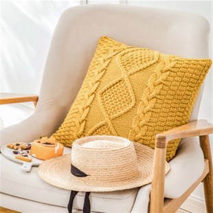 长也夕 粗线毛线针织抱枕 纯色米白复古民宿靠枕菱格客厅沙发抱枕
