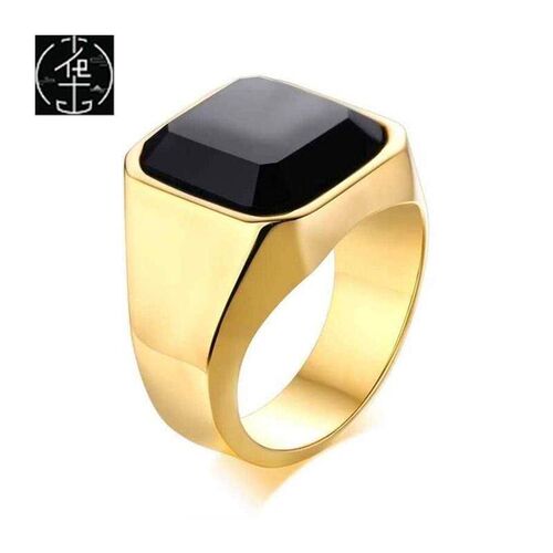 Men rings stainless steel black agate rings steel color ring
