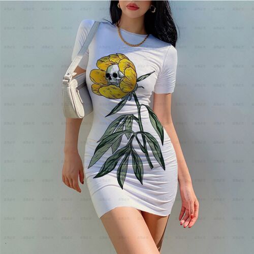 Skull Flower Printing Mini Dress Women Skinny O Neck Short