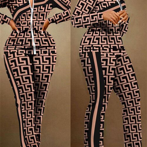 Spring Autumn Two Piece Sets Womens Geometric Print Zip Up T