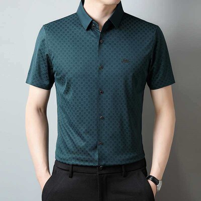 Summer Ice Silk Cool Mens Business Plaid Short-sleeved Shir