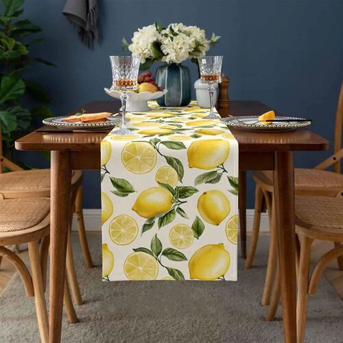 Summer Lemon Theme Linen Table Runner Holiday Wedding Party