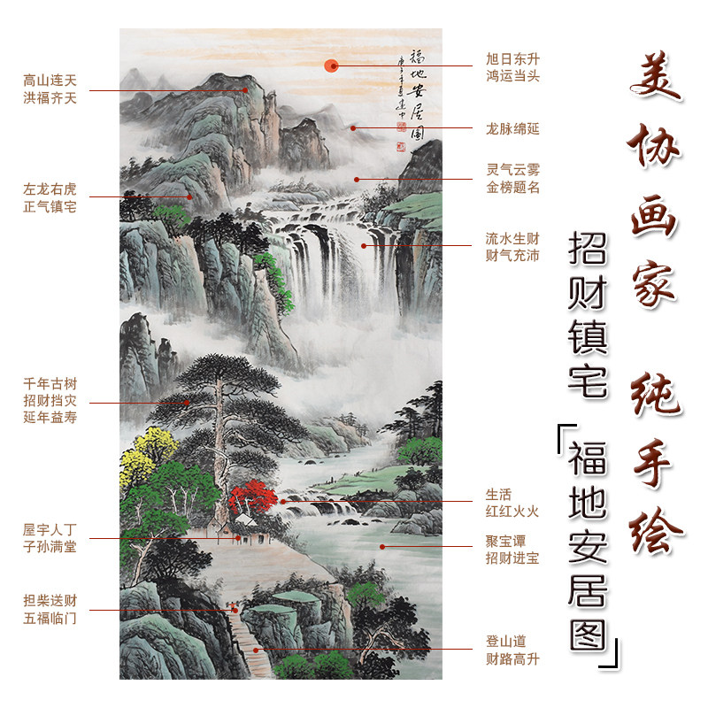 福地安居图纯手绘国画客厅办公室招财靠山四尺山水画挂画玄关竖版