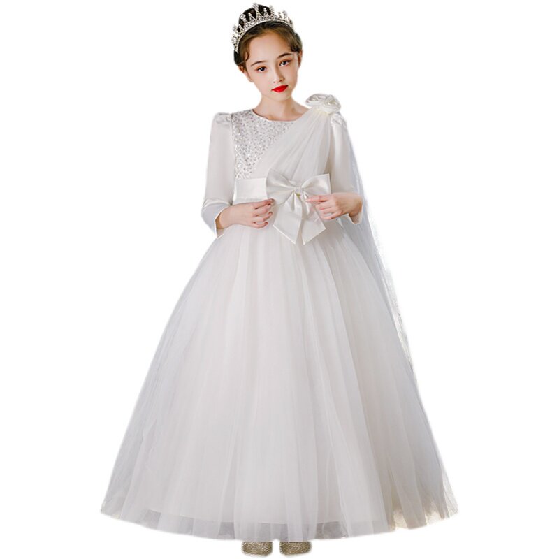 春秋冬儿童婚纱裙子花童公主裙女童白色连衣裙蓬蓬中大童演出礼服