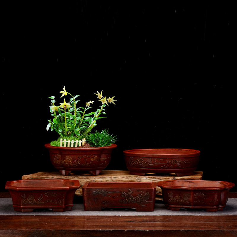 紫砂花盆精品复古方形腰圆家用客厅桌面竹子高档盆景榕树松柏包邮