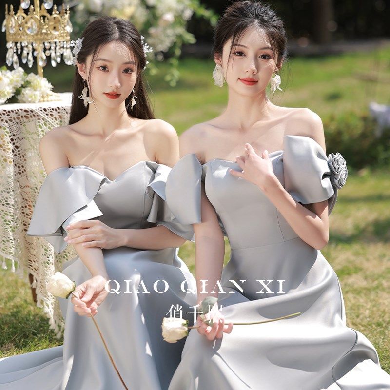婚礼伴娘服2024新款灰色高级感缎面小众气质毕业姐妹团礼服连衣裙