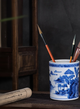 景德镇陶瓷笔筒书桌办公室桌面收纳摆件毛笔瓷器教师领导高档礼品