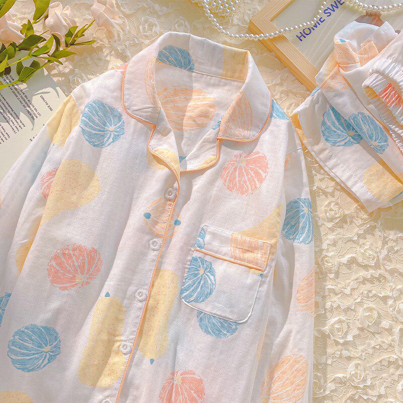 纯棉纱布睡衣女款春秋长袖长裤套装田园风空调房服夏季薄款家居服