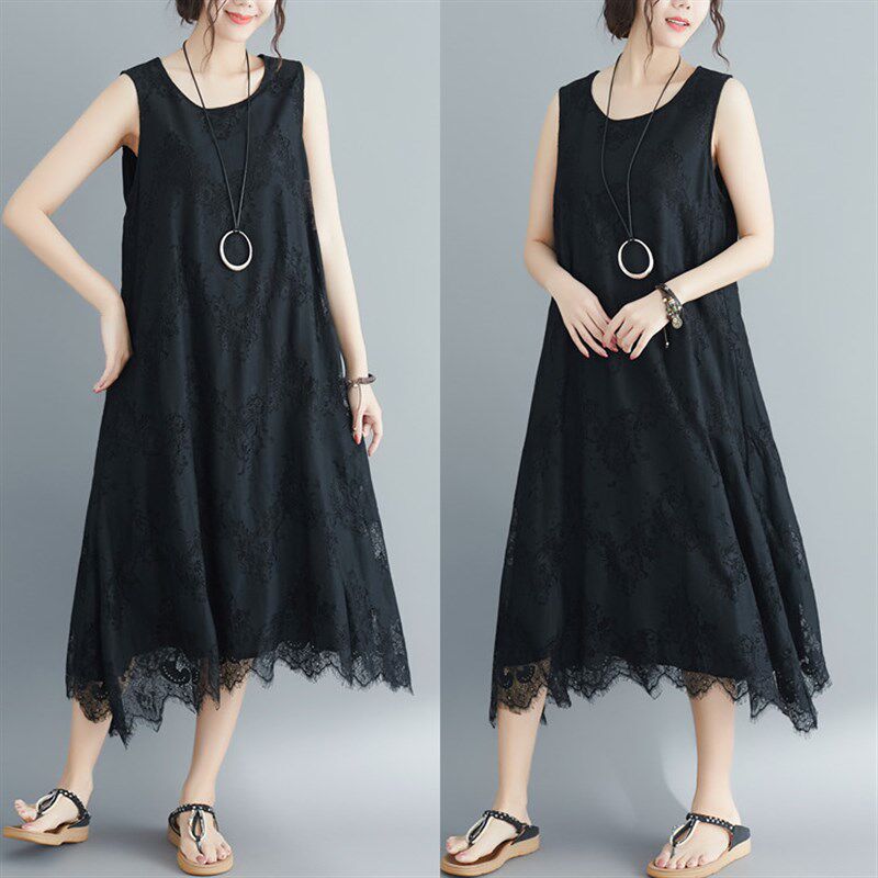 大码女装蕾丝连衣裙女内搭裙子夏装胖mm宽松仙女无袖打底背心长裙