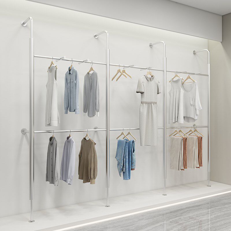 服装店展示架不锈钢银色上墙立柱男女装店陈列货架双层挂衣服架子