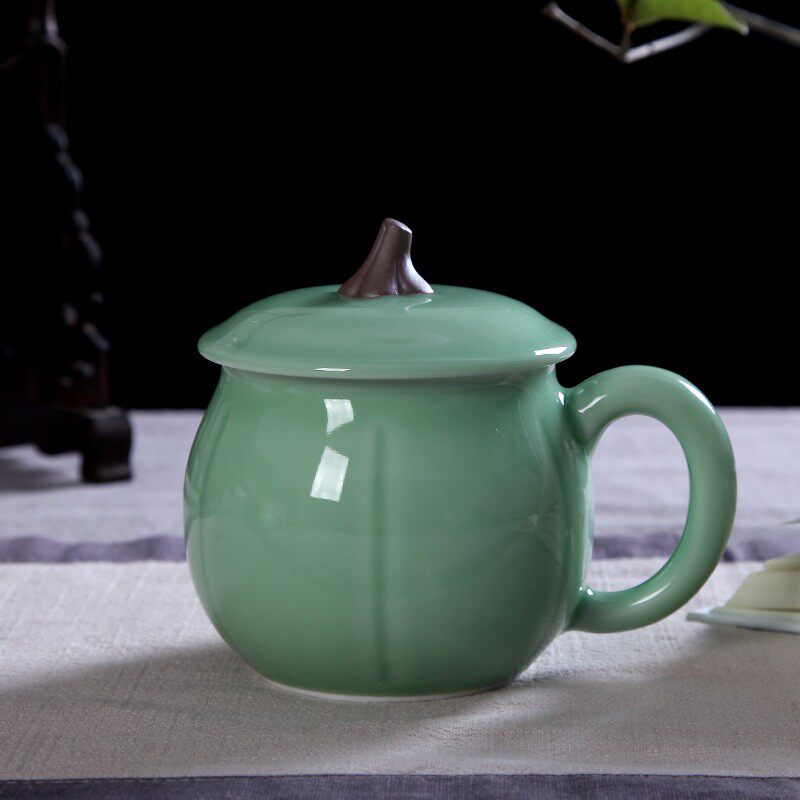 御茗青瓷茶杯陶瓷办公室茶杯带盖随手杯茶水杯南瓜形杯子中式杯