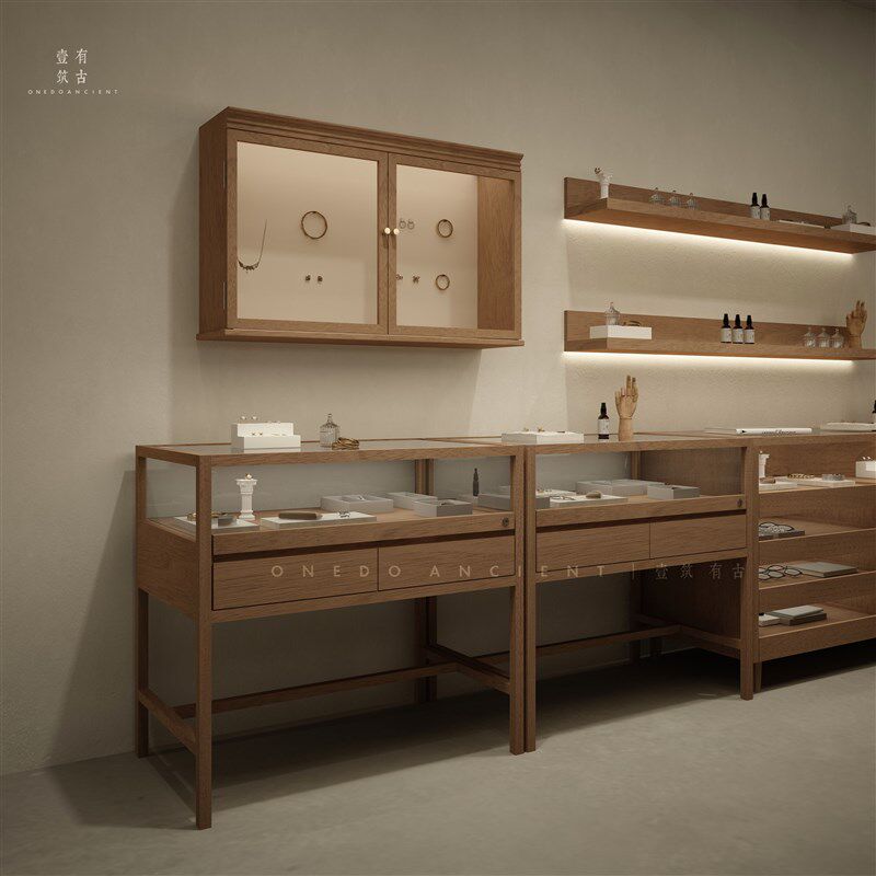 样品玻璃展示柜水曲柳实木咖色带抽屉台桌商场卖场柜台陈列柜复古