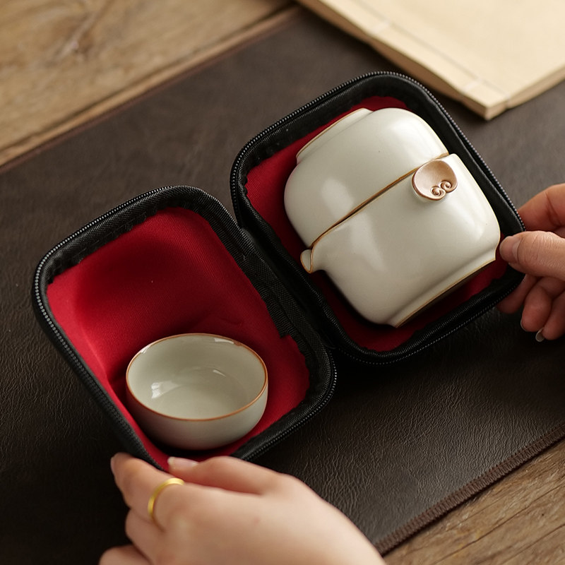 汝窑旅行茶具便携式一壶两杯单人陶瓷泡茶手抓茶杯办公喝茶快客杯,餐饮具,旅行茶具,淘宝优惠券,粉丝福利购,淘宝优惠卷