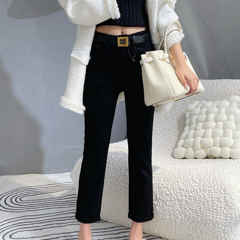春秋新款黑色牛仔烟管裤女高腰弹力显瘦八分小个子窄版直筒裤百搭