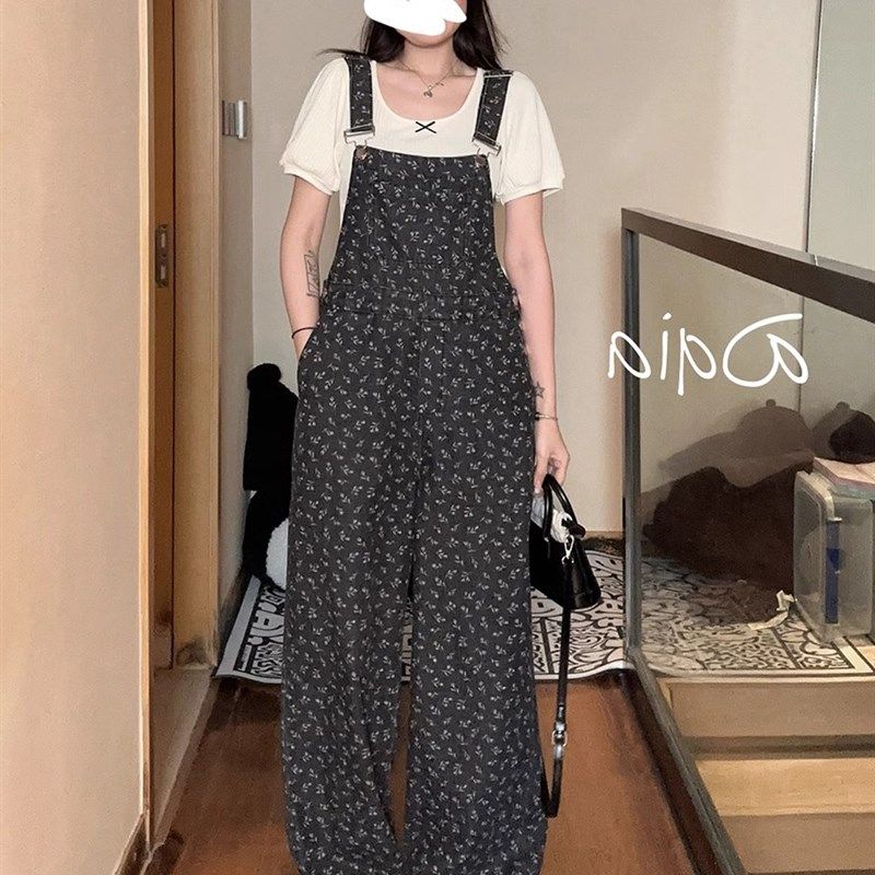 碎花牛仔背带裤女夏季新款宽松高腰显瘦休闲百搭直筒阔腿连体长裤