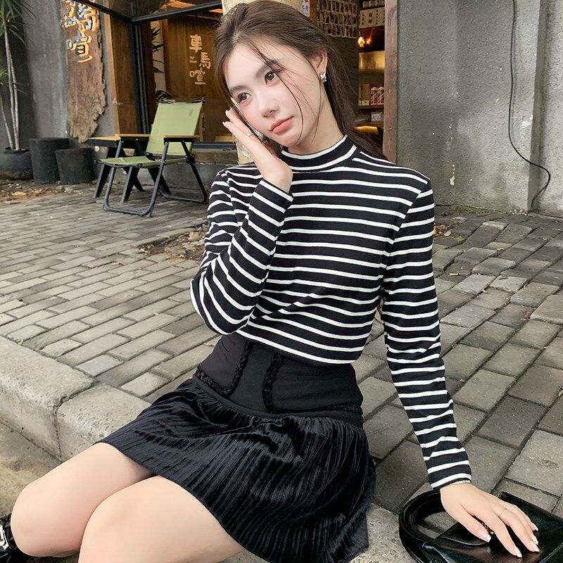 重磅条纹t恤女2024新款半高领长袖打底衫磨毛加绒黑白宽松卫衣厚