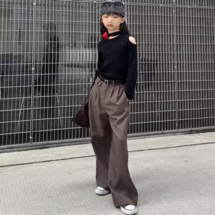豆丁奇遇儿童春夏口袋设计感棕色西装裤子直筒阔腿长裤大童男女童