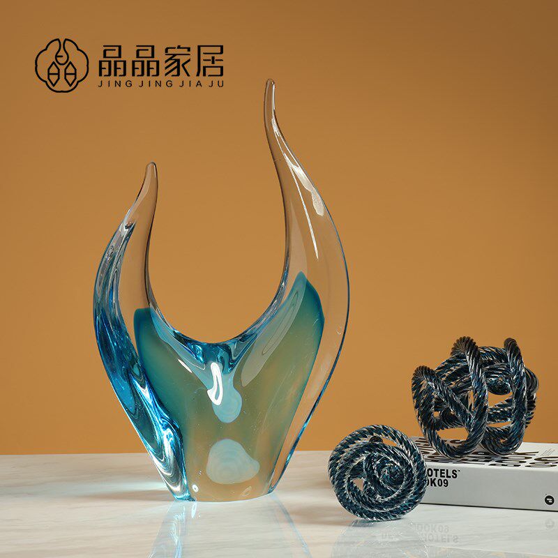 北欧简约透明玻璃蓝色牛角桌面高档大号摆件酒店玄关样板房装饰品