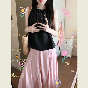 度假风短款吊带挂脖褶皱背心女夏季粉色高腰a字半身裙鱼尾裙套装