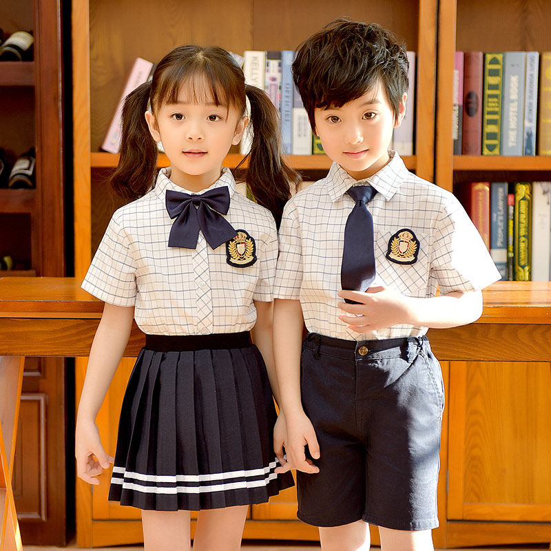 幼儿园园服男女童夏季短袖格子衬衫英伦学院风小学生校服班服套装