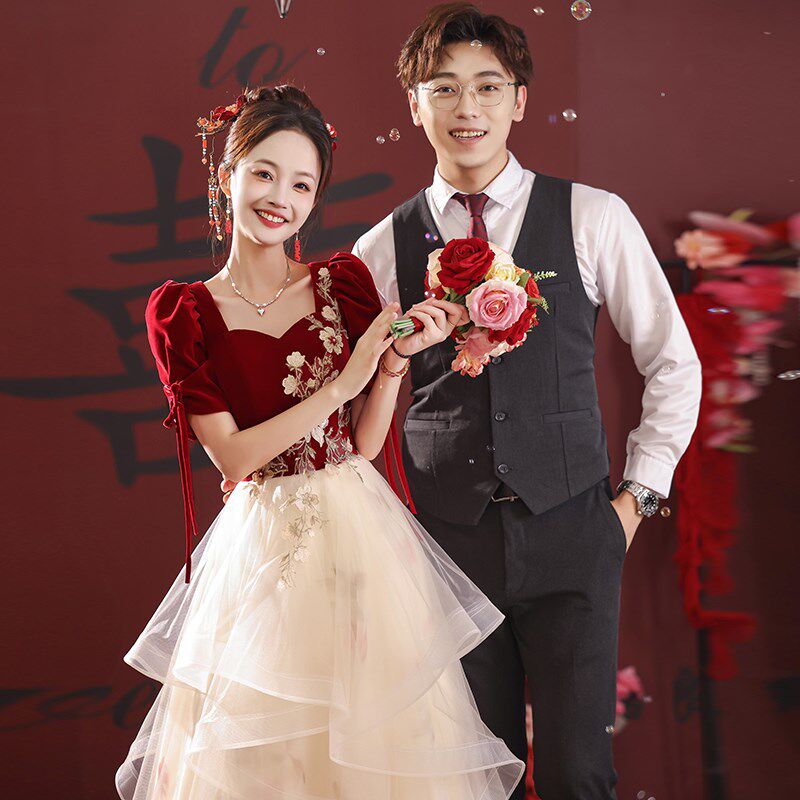 大码敬酒服新娘胖mm200斤订婚晚礼服婚纱高腰遮肚子结婚回门服夏