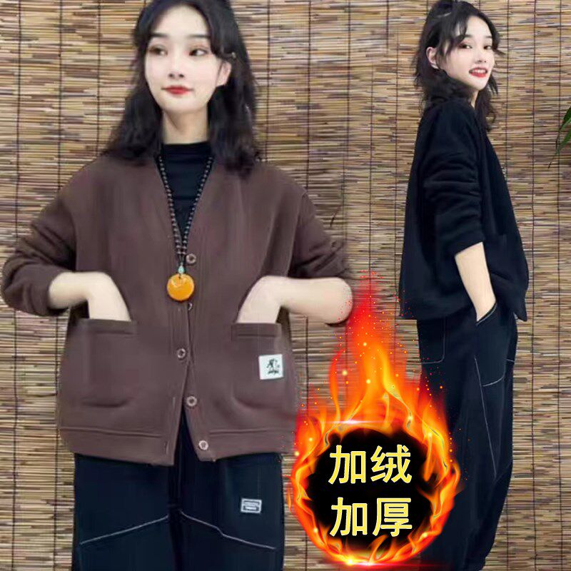 时尚洋气加绒加厚短外套大码妈妈装宽松显瘦开衫卫衣纯棉女士棉服