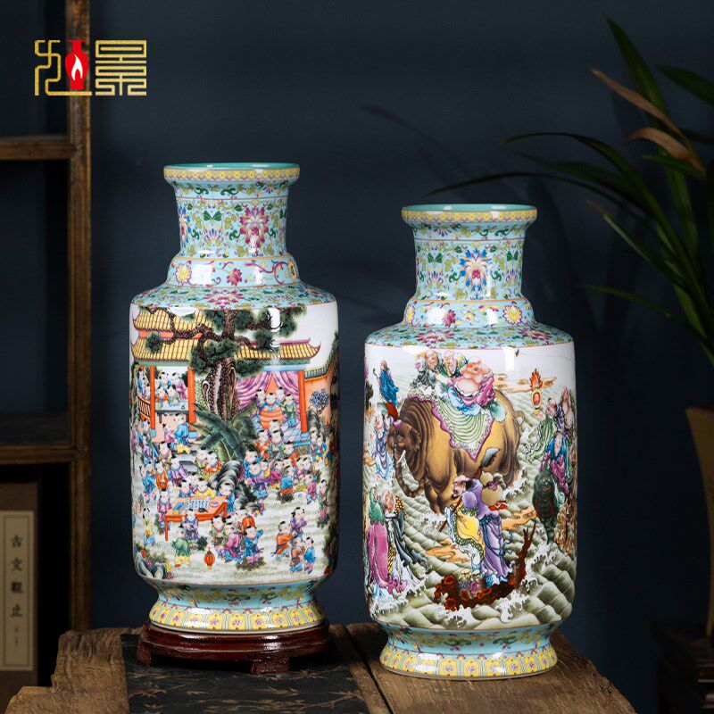 景德镇陶瓷花瓶新中式百子图棒槌瓶插花客厅餐桌装饰摆件高40cm