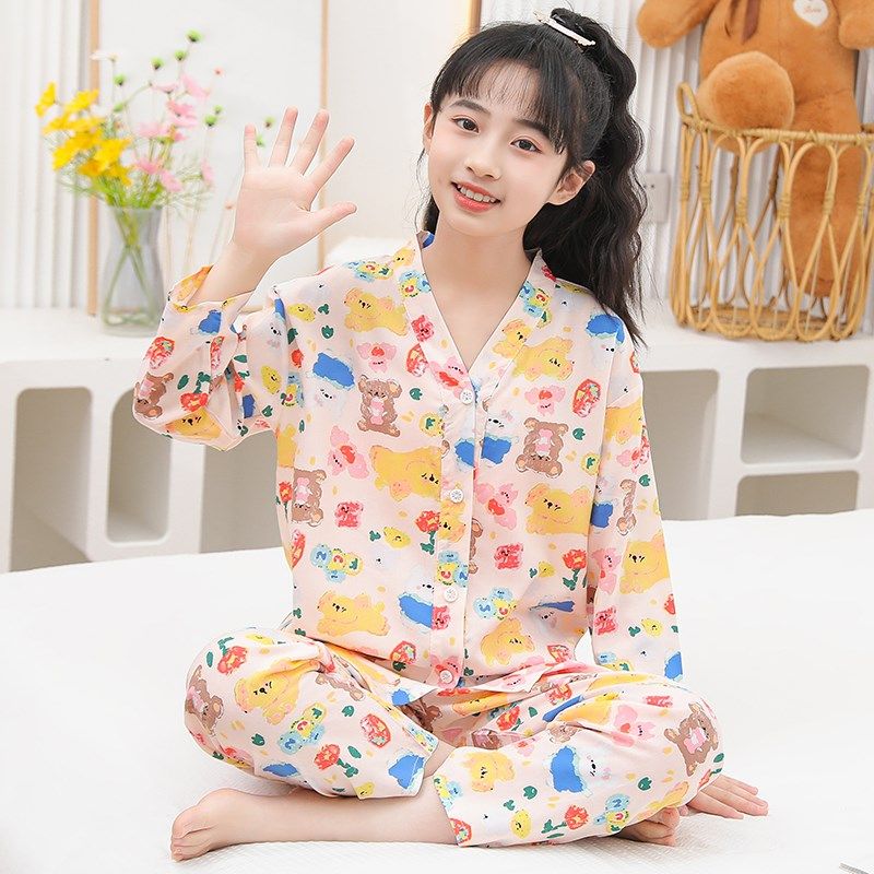 夏季女童长袖长裤棉绸睡衣套装宝宝开衫夏天绵绸家居服儿童空调服,童装/婴儿装/亲子装,家居服套装,淘宝优惠券,粉丝福利购,淘宝优惠卷