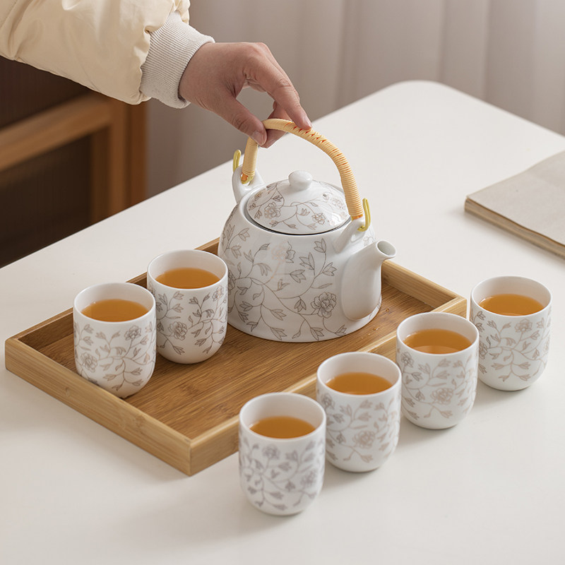 送竹托中式提梁壶茶具套装家用陶瓷复古整套功夫简约茶壶茶杯6只