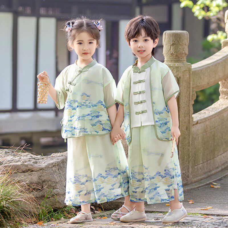 汉服男童夏季国风表演服儿童唐装高端夏季国学服改良女童古装套装
