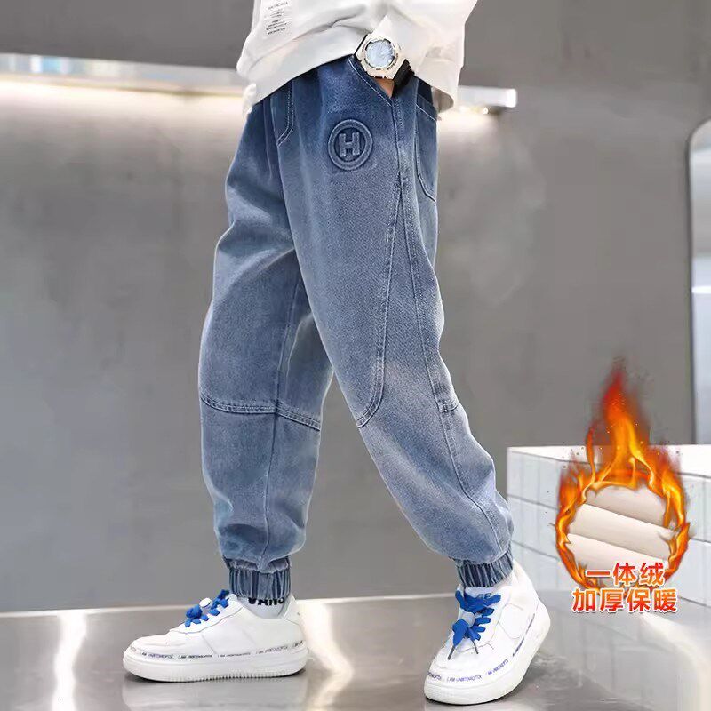 男童牛仔裤秋冬款加绒裤子2024新款中大童冬季儿童一体绒加厚长裤