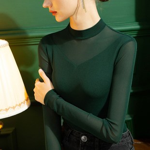 2024新款网纱打底衫女长袖薄纱t恤薄款纱衣拼接蕾丝黑纱上衣秋装