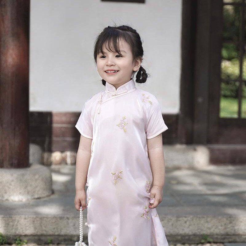 春夏儿童连衣裙改良旗袍宝宝粉色甜美公主民国风格唐装汉服手工扣
