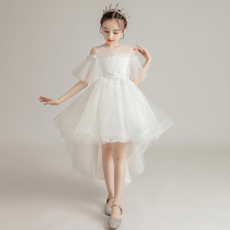 女童公主裙白色前短后长儿童生日花童钢琴表演小主持人晚礼服夏季