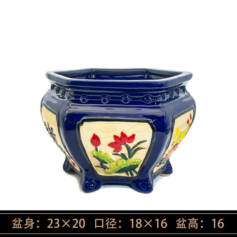 冰裂仿石湾花盆陶瓷大口径大肚盆景盆浮雕彩绘手工六角八角复古盆