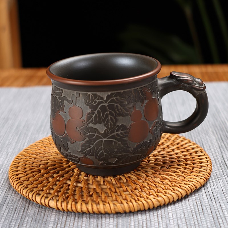 钦州坭兴陶茶杯手工制作茶杯葫芦杯龙把杯大容量带把水杯