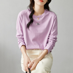 蓝色t恤女全棉宽松版长袖上衣纯棉内搭打底衫春装女款2024年新款