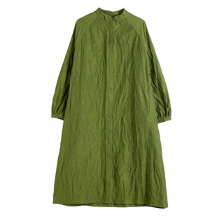 清濯细皱皱树皮肌理小小翻领牛油果绿色休闲文艺棉质连衣裙