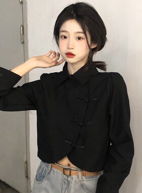 新中式盘扣白色衬衫女长袖秋装中国风大码胖MM气质修身旗袍上衣