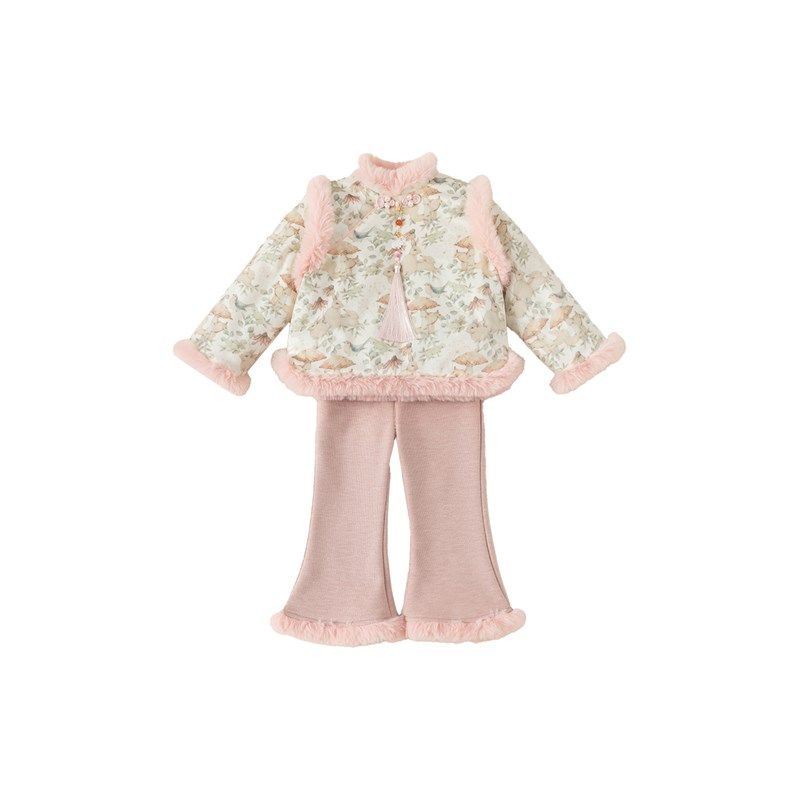 贝贝城女童周岁礼服冬季保暖女孩加绒国风两件套宝宝新中式套装潮