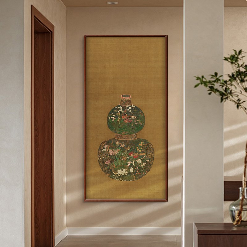 葫芦花瓶图古画中式玄关竖版装饰画客厅茶室挂画民宿复古国画实木