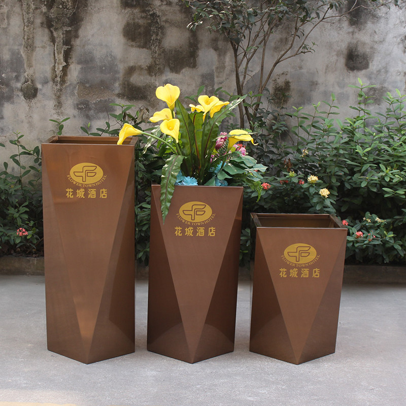商业街 不锈钢花盆 V形花钵 玫瑰金 定制LOGO 广场花箱 酒店前台