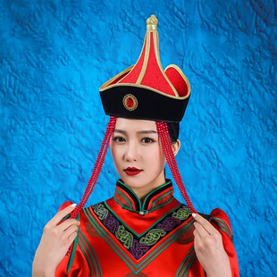 蒙古族尖顶红色帽子民族舞蹈演出服蒙古袍头发饰品艺考剧目帽子