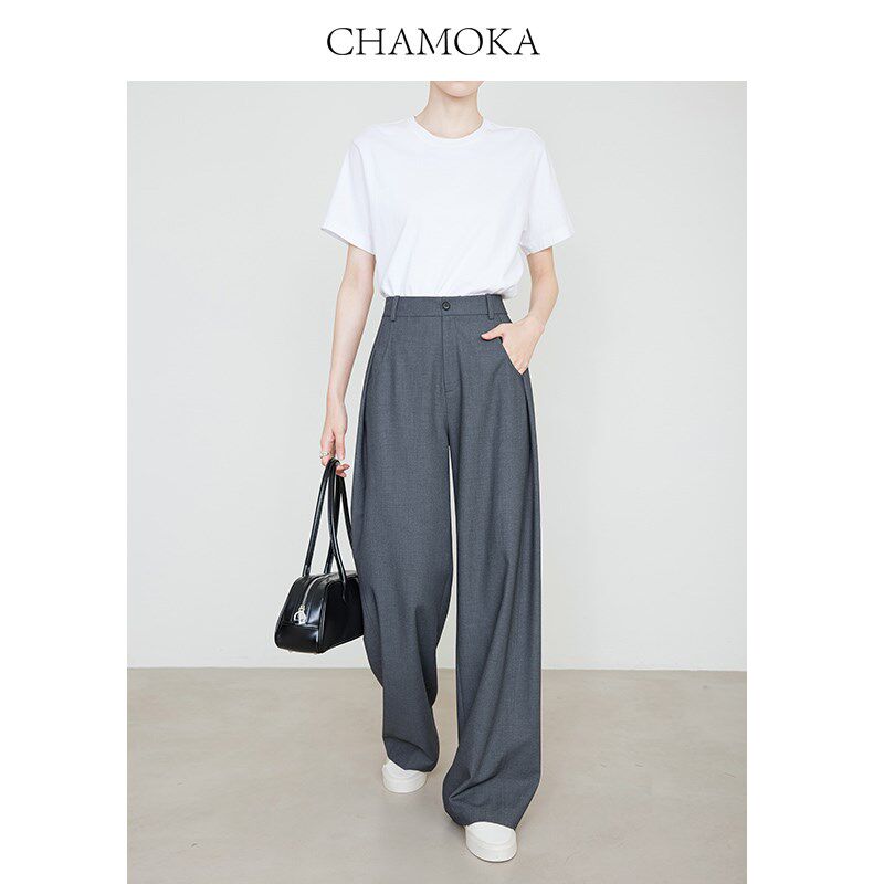 夏莫卡灰色阔腿裤格雷系长裤宽松加长直筒裤显瘦老钱风西装裤春夏