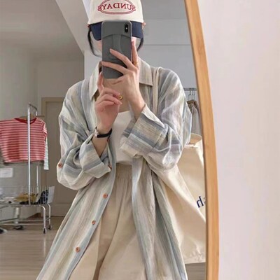 大码胖妹妹条纹港风长袖衬衫女防晒外套春夏衬衣外搭复古薄款上衣