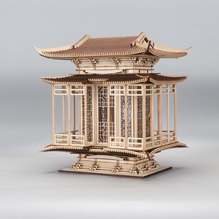 新中式禅意古建筑木雕凉亭工艺软装饰品样板房书柜玄关售楼处摆件