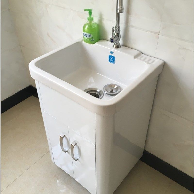 新款加厚不锈钢洗衣柜落地阳台洗衣池浴室柜陶瓷盆洗漱台水池台槽