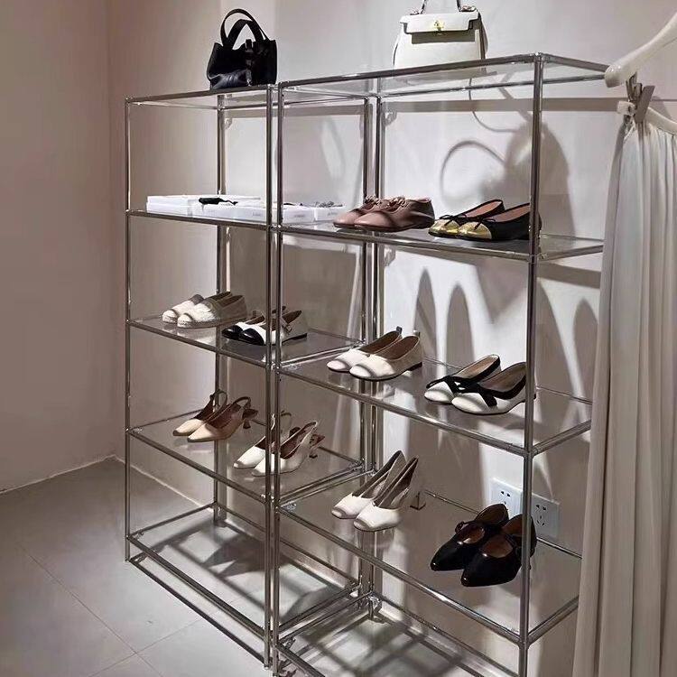 新款不锈钢服装店鞋货架包包鞋子展示架饰品摆放玻璃展示柜产品陈