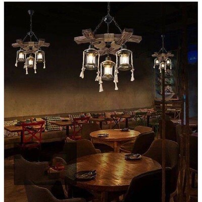 Industrial Retro Hemp Rope Chandelier Bar Restaurant Barber