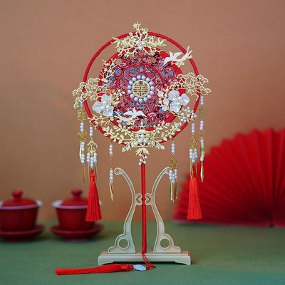 长柄中式明制汉服新娘团扇闺蜜晚辈结婚送礼秀禾服出嫁遮面喜扇子